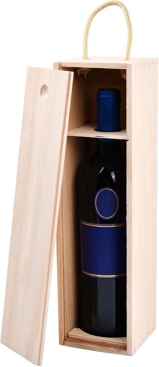 SnelShoppen - Houten Wijnbox 35 x 10 x 10 cm met Glijdend Deksel, Lanyard, Cadeaubox voor Verjaardag, Trouwerij, Huwelijk, Housewarming