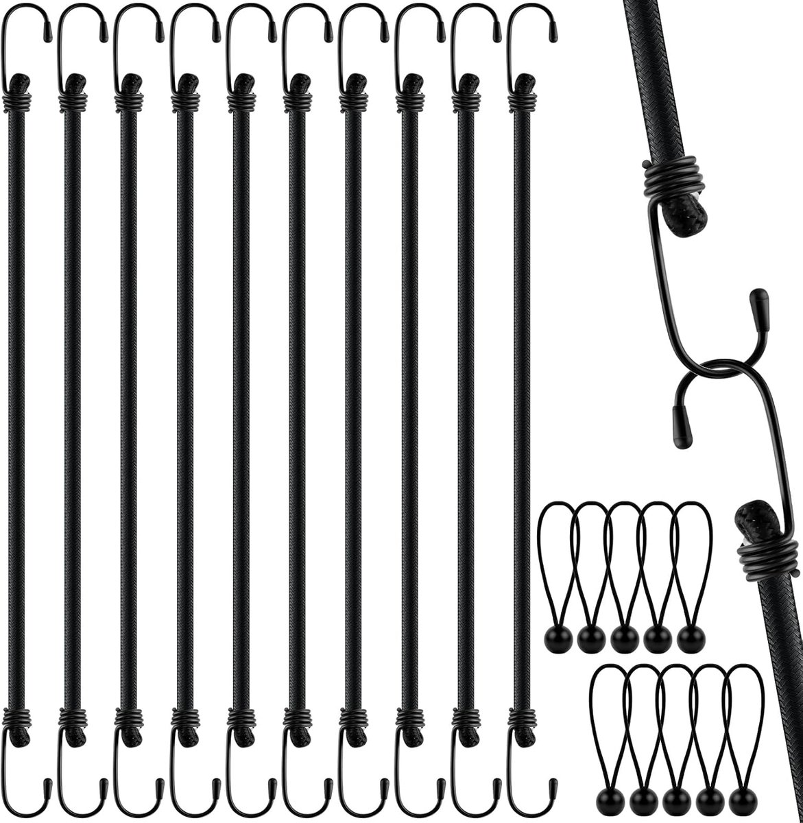 SnelShoppen - Set van 10 Elastische Tensioners met Haken, Robuuste 100 cm en 15 cm Elastische Touwen, Perfect voor Ladingen, Verpakking, Bagage, Campi