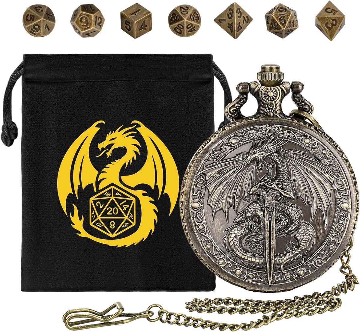 SnelShoppen - Mini DND Dobbelstenen Set met Vliegende Draak en Lange Zwaard Pocket Watch Shell Case, 7 Stuks Polyhedrale Metaal Dobbelstenen, D&D Star
