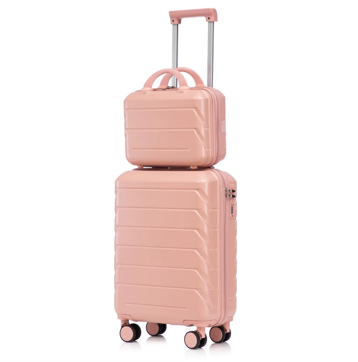 JOYNEXTBUY - 2-delige ABS Kofferset - 19 inch Koffer + 14 inch Beautycase - Lichtgewicht Spinner - Harde Reiskoffer - Roze - Cabin