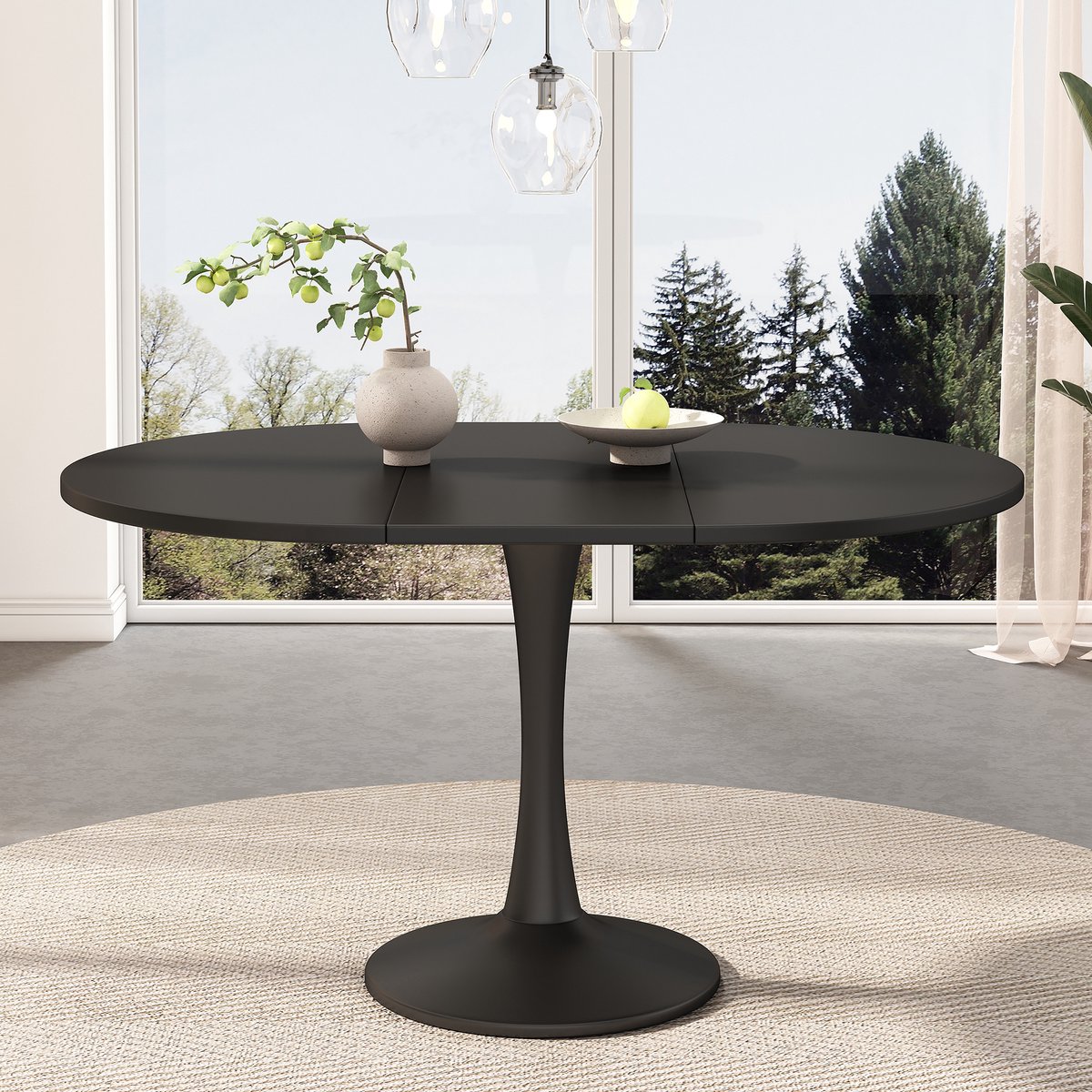 COVREO Eettafel 100/140 x 100 x 75 cm – zwart MDF, uitschuifbaar ovaal ontwerp