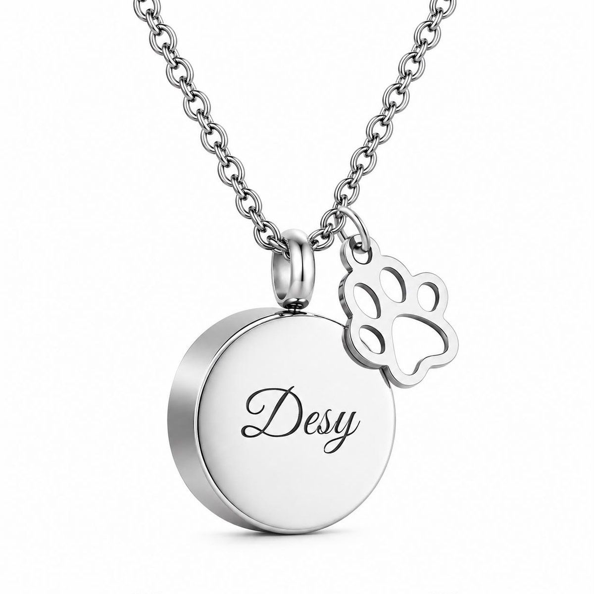 Gepersonaliseerde Ashanger Huisdier met Naam – Asketting Rond met Pootafdruk Bedeltje – Gedenksieraad RVS met Naamgravure – Inclusief Schakelketting – Zilver – Petshop Seven