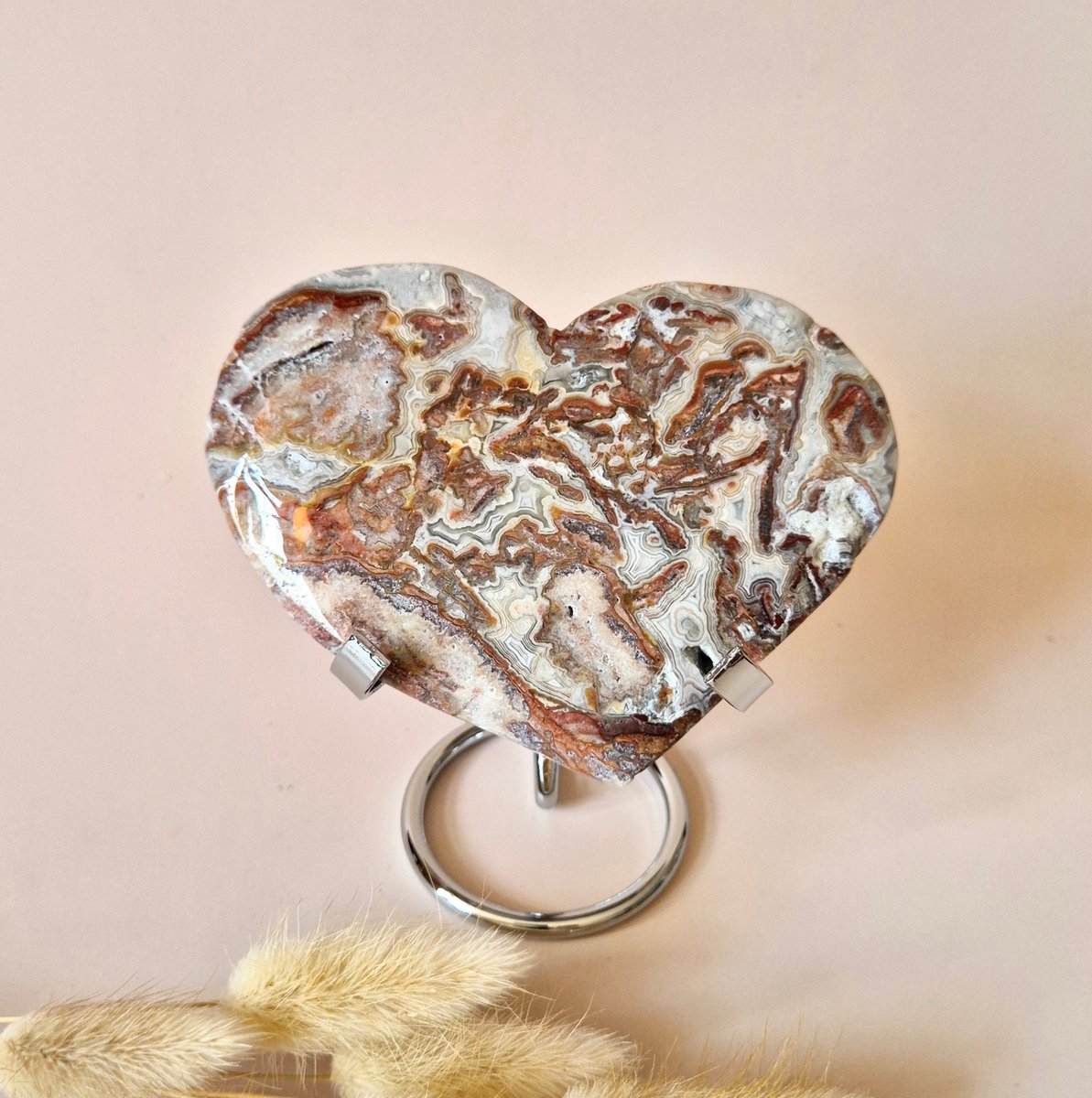 Mexican Crazy Lace Agate Hart op Standaard #1 – ongeveer 300g Edelsteen voor Vreugde & Balans