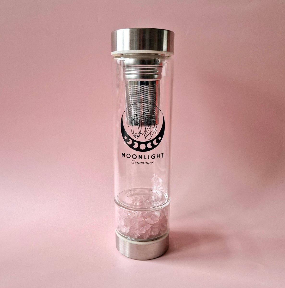 Glazen Drinkfles Met Filter Edelsteen Waterfles Rozenkwarts – 400 ml