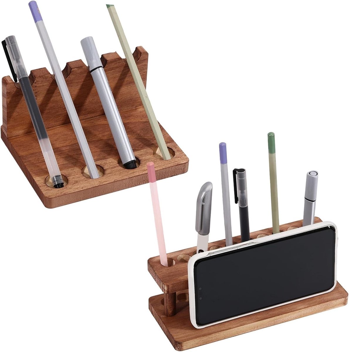 Stijlvolle Walnoot Houten Pennenhouder Set voor Bureau, Verticale en Horizontale Pen Organizer voor Vulpennen, Balpennen en Kantoorbenodigdheden