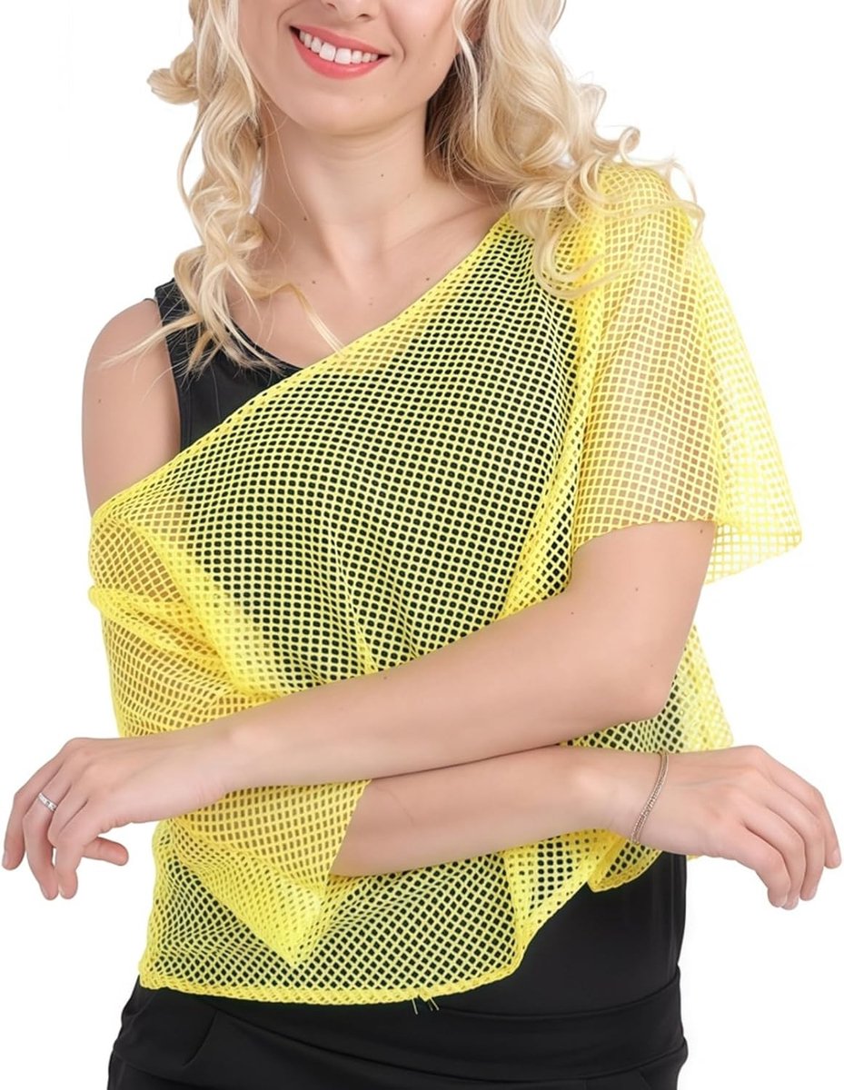Neon Net Shirt voor Dames - Fluorescente Korte Mouw T-Shirt voor Retro Disco, Carnaval en Cosplay Feestjes