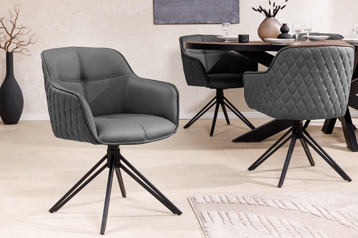 Invicta Interior Draaibare designstoel EUPHORIA Grijs echt leer zwart metalen frame met armleuning - 45860 Zie omschrijving