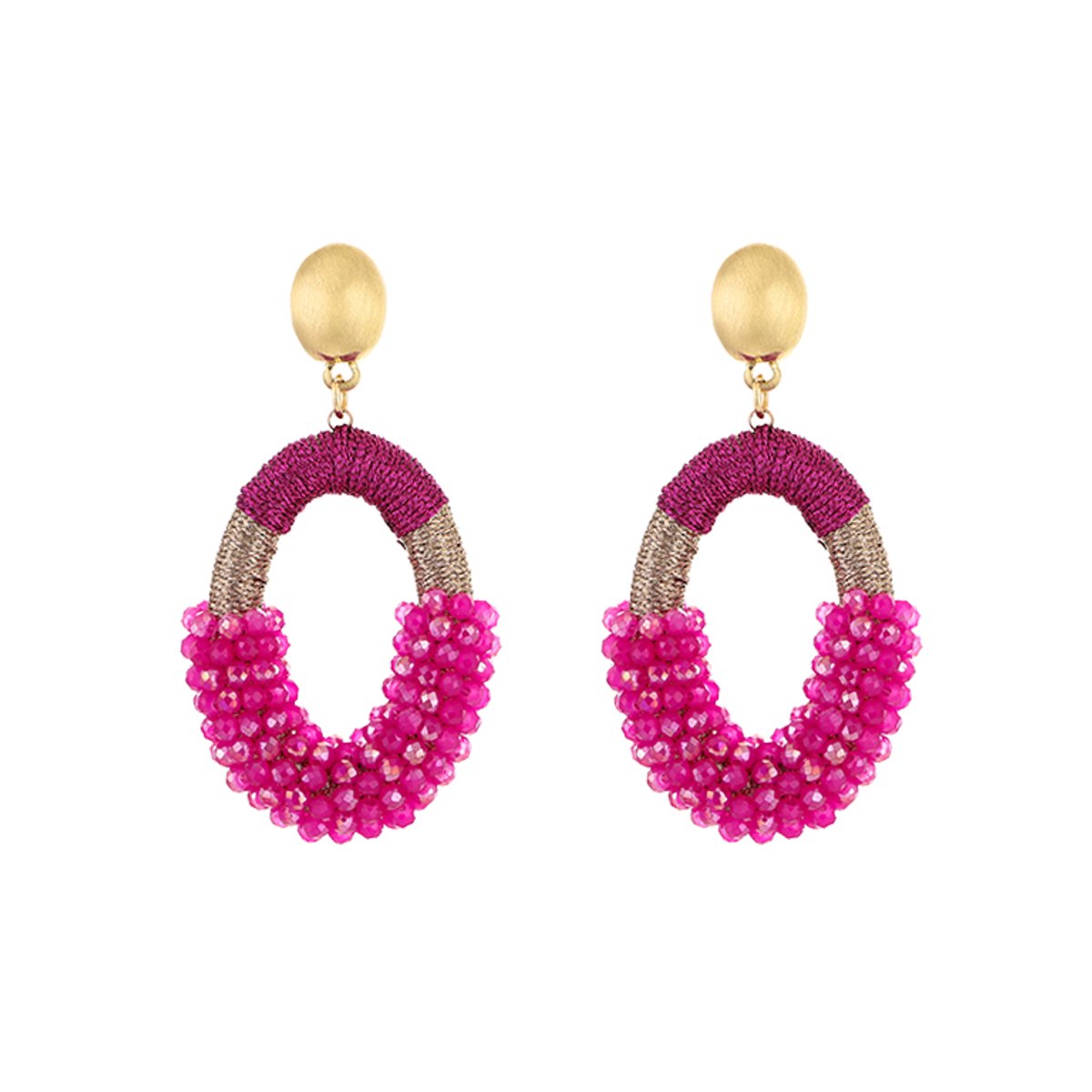 Stainless Steel Geweven Kraal Textuur Oorhangers – Ovale Editorial Oorbellen – RVS - Fushia