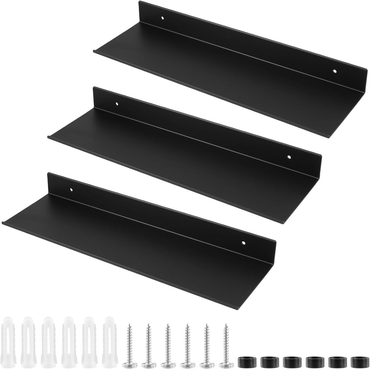 Set van 3 Wandplanken van Metaal, 40 cm, Zwarte Badkamerplanken met Schroeven en Afdekkappen voor Extra Opbergruimte
