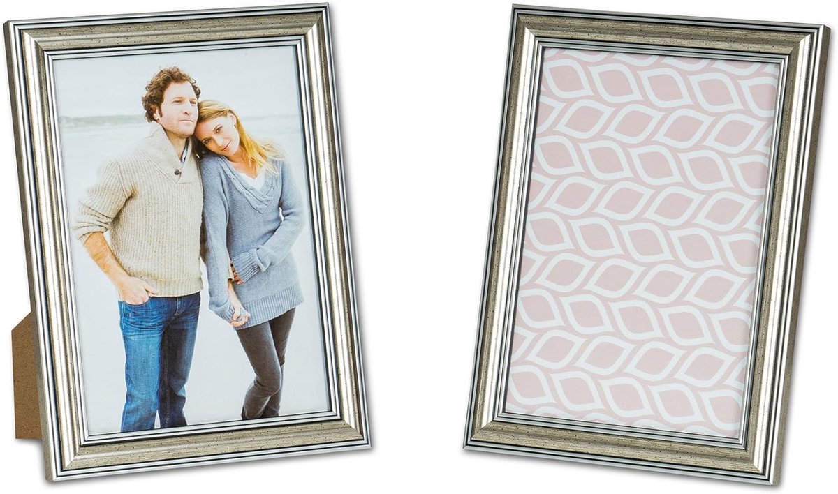 SnelShoppen - Set van 2 Antieke Zilveren Fotolijsten 13x18 cm - Houten Portretlijsten met Glasplaat - Wanddecoratie en Tafeldecoratie