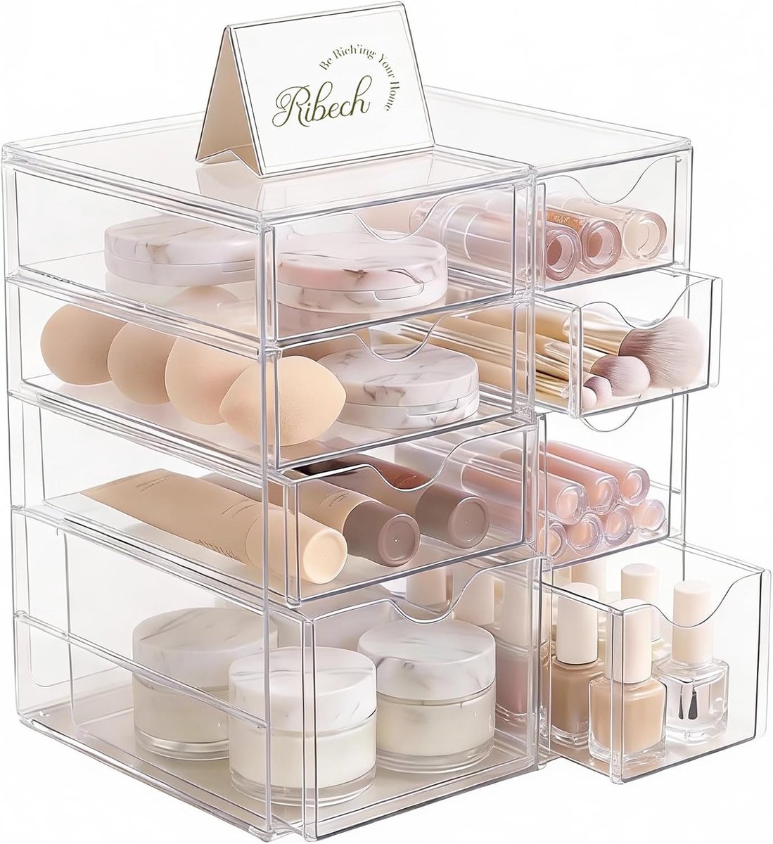 SnelShoppen - 8-Delige Desk Organizer | Transparante Opbergdozen met Lades voor Makeup, Kantoor & Gereedschap | Stapelbare Opbergboxen voor Garage, Ke