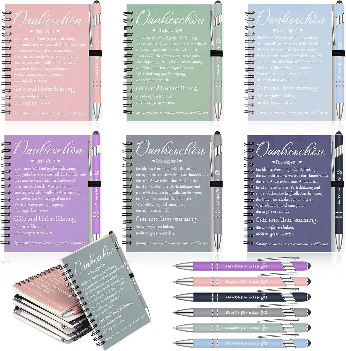 SnelShoppen - 6 Sets Collega Bedank Geschenken - 6 Spiral Notepads, 6 Touch Pen Balpennen - Motivational Gift Set voor Kerst, Verjaardag, Afscheid, Be