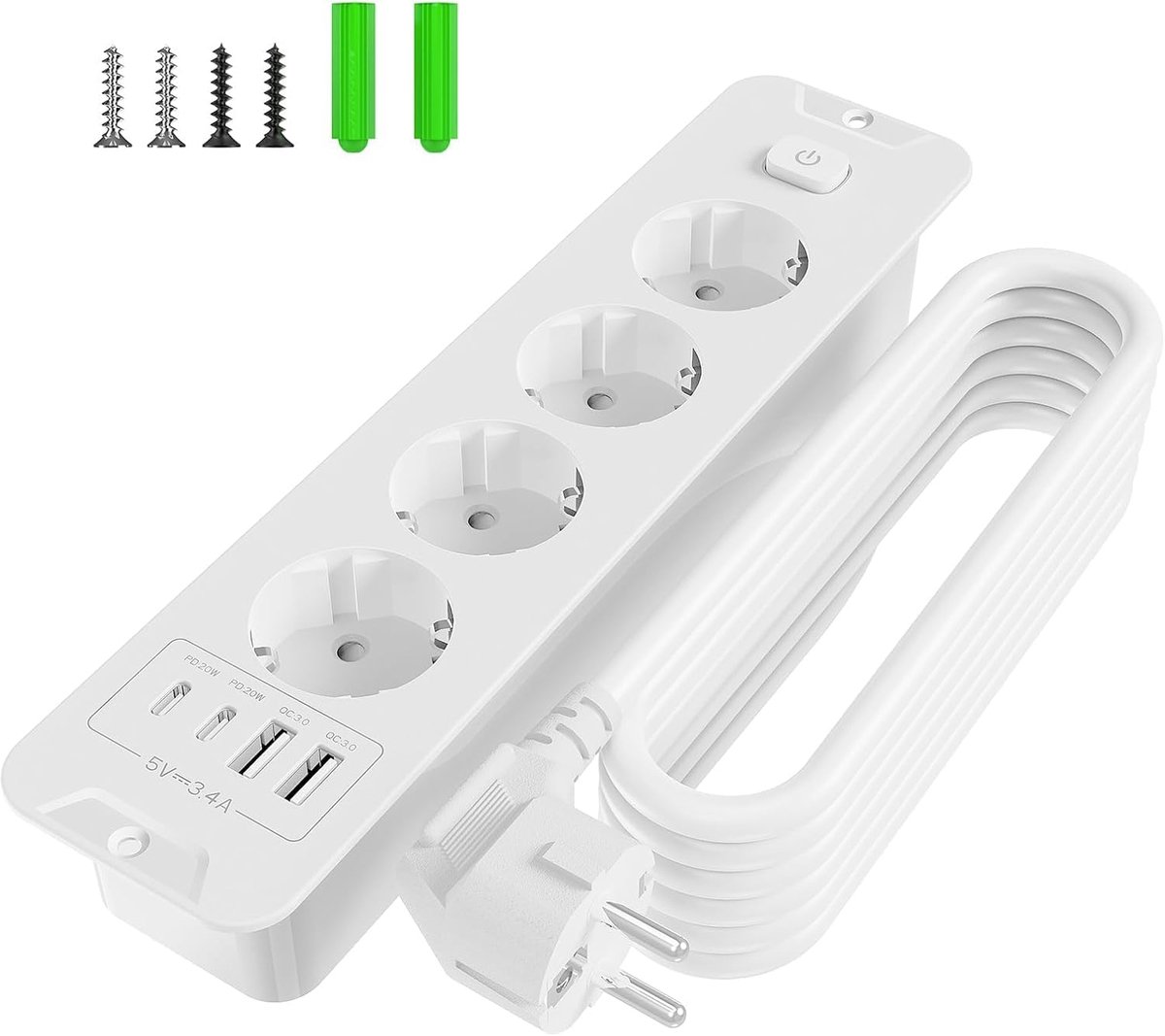 SnelShoppen - Power Strip met Schakelaar, 8-in-1 Tafelstopcontact, 4-Way Stopcontact met 2 USB A + 2 USB C, 2 m Kabel voor Thuis en Kantoor (Wit)