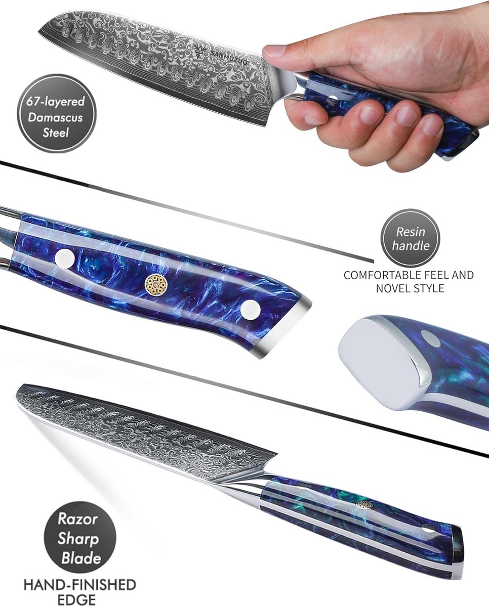 SnelShoppen - 18cm Santoku Kookmes, Professioneel Mes van 67 Lagen Damaststaal VG10, Ergonomisch Houten Handvat, Keukenmes voor Koken en Snijden in Sa