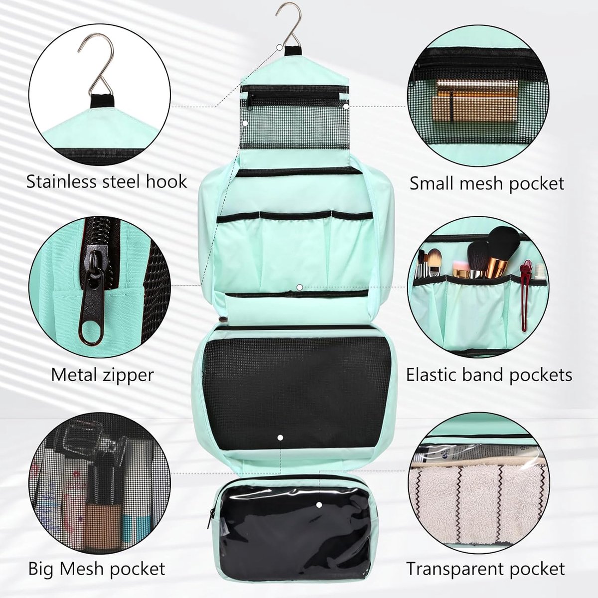 SnelShoppen - Travel Hanging Toiletry Bag - Waterdichte Vouwbare Make-up Tas - Grote Organiser voor Toiletten - Mintgroen - Voor Vrouwen en Mannen - P
