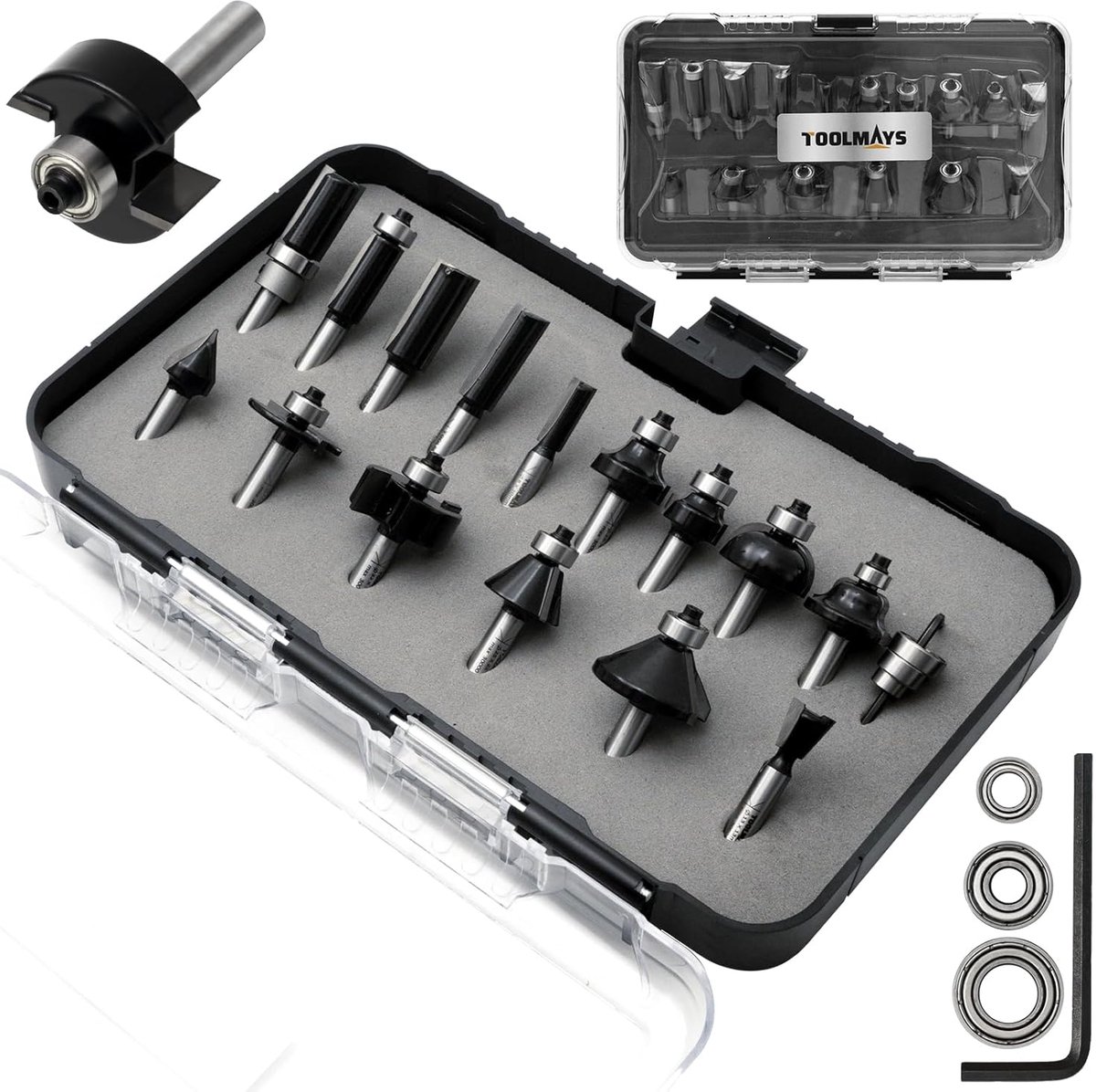 SnelShoppen - 15 x Router Freesbits Set, Cilindrische 8 mm Schacht, Houtfrezen voor Zacht en Hard Hout, Router Accessoires voor Houtbewerking