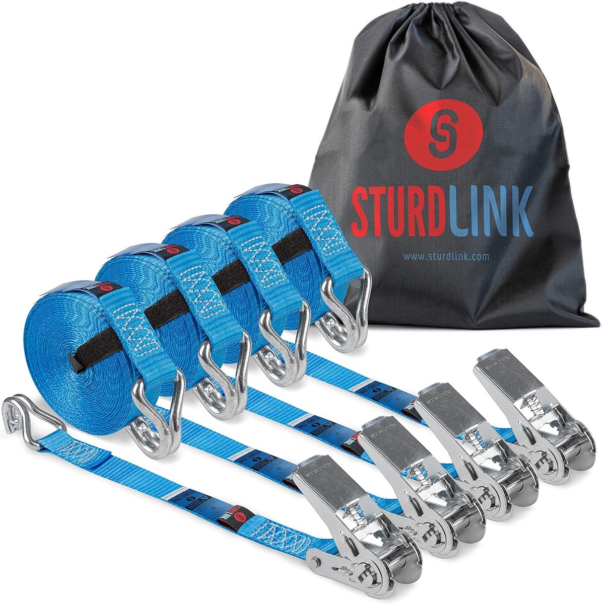 SnelShoppen - Set van 4 Kleine Lashing Straps met Ratchet en J-Hook 25mm 5m LC 400daN/800daN met Haak en Tas | Voor Vervoer van Fietsen, Auto's, Trail