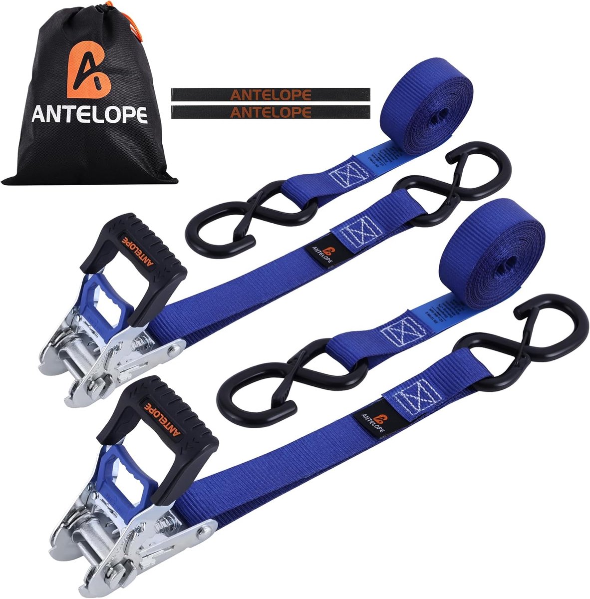 SnelShoppen - Pack van 2 ratelbanden met S-haken, breukvast, lashing straps 25 mm x 4 m, 800 kg, blauw, ideaal voor camping, tuin en transport