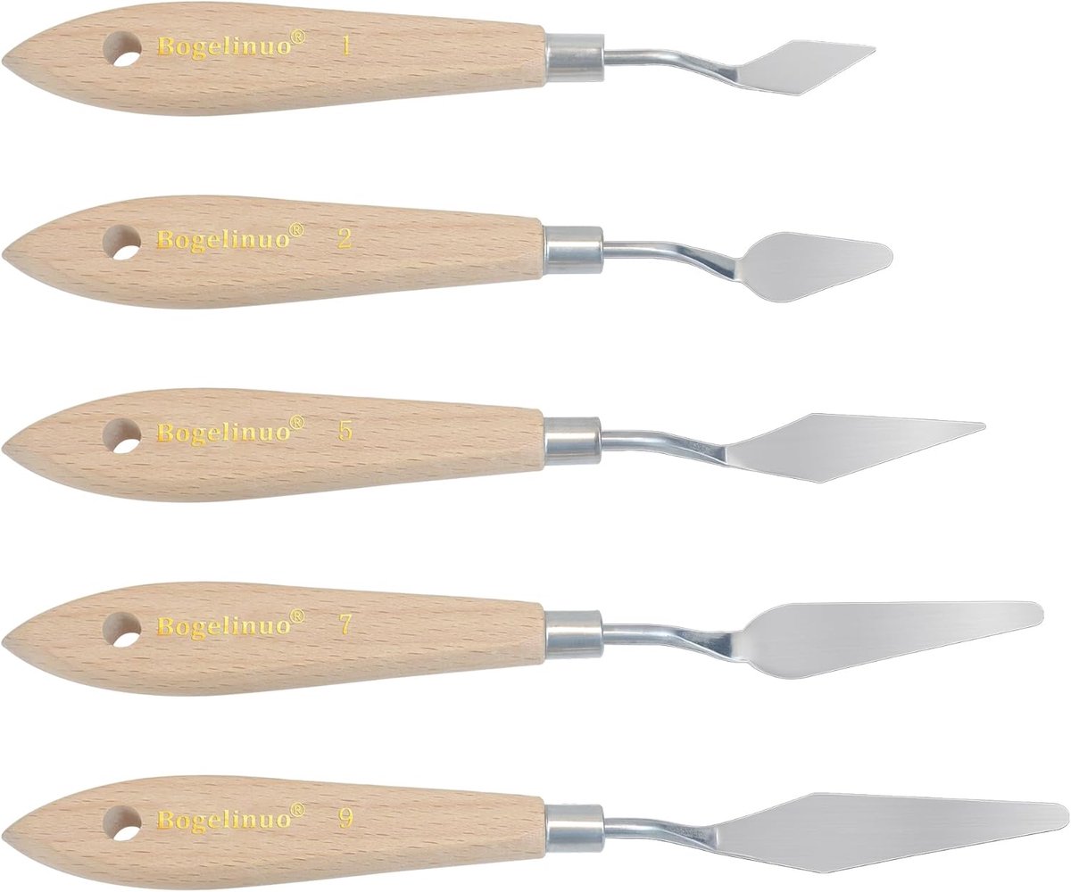 SnelShoppen - 5-delige RVS Schilder Spatel Set voor Acryl, Olie, Waterverf, Kleuren Mengen, Canvas Schilderijen - Flexibele Houten Handgreep, Roestvri