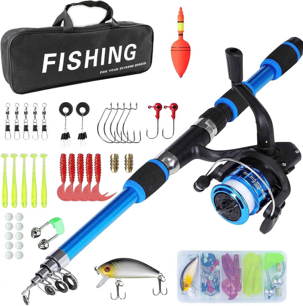 SnelShoppen - Visspullen Set voor Kinderen, Telescopische Hengel en Rollerset voor Jongens en Meisjes, Complete Visgerei met Spincast Rolle, Aas en Ta