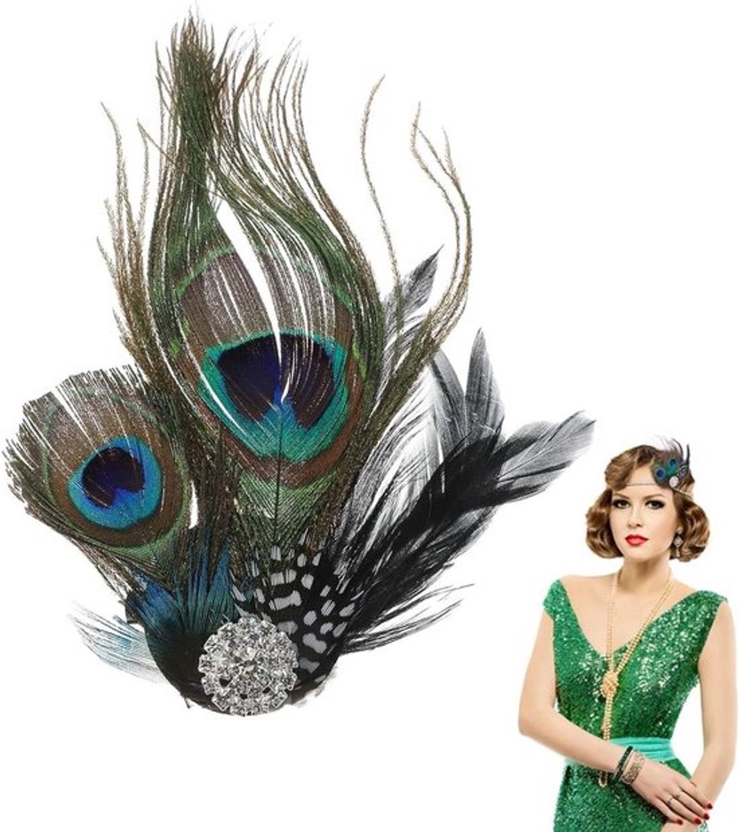 Haarklemmen met Pauwenveren voor Gatsby Flapper-stijl - Party Accessoire - Eindexamenbal Haarspeld - Jaren 20 Stijl - Natuurlijke Kleuren Glamoureus Design Unieke Versiering