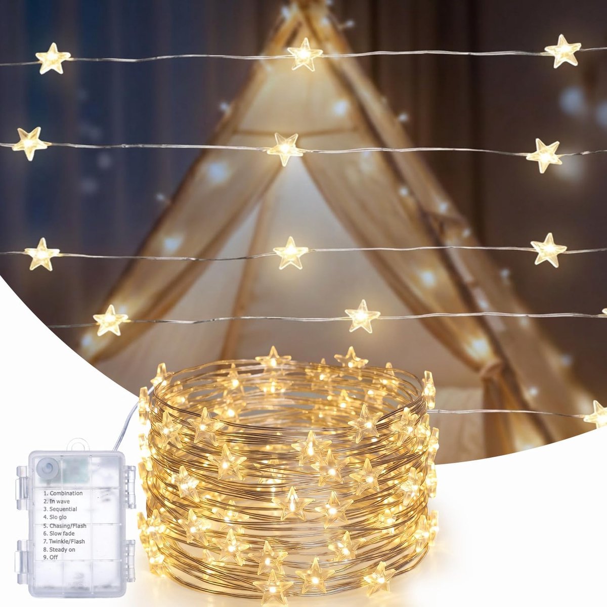 SnelShoppen - Lichtsnoer op Batterijen 12m met 120 LEDs Mini-Sterren - Waterdichte Lichtketting voor Binnen en Buiten - 8 Modi - Warmwit Decoratie voo