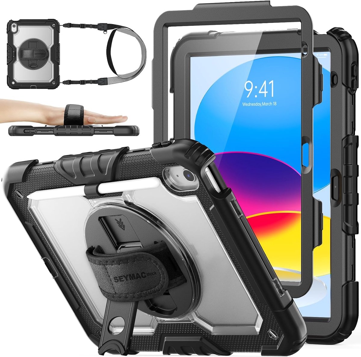 SnelShoppen - Schokbestendige iPad Hoes met Schermbeschermer voor iPad A16 11''/10e Generatie 10.9 Inch 2025/2022, 360° Draaibare Stand, Handriem, Pen