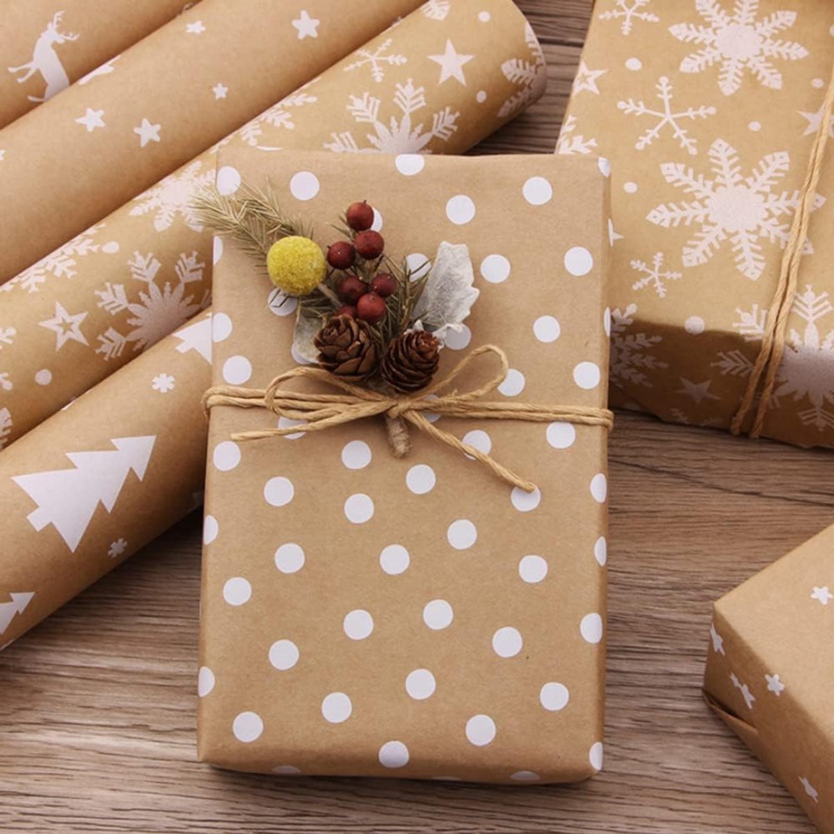 SnelShoppen - Gift Wrap Kerst Vintage Kraft Set Elegante Verpakking 5 Rollen 44 x 200 cm Gerecycled Papier met Kerstthema Dots Bruin voor Feestdagen