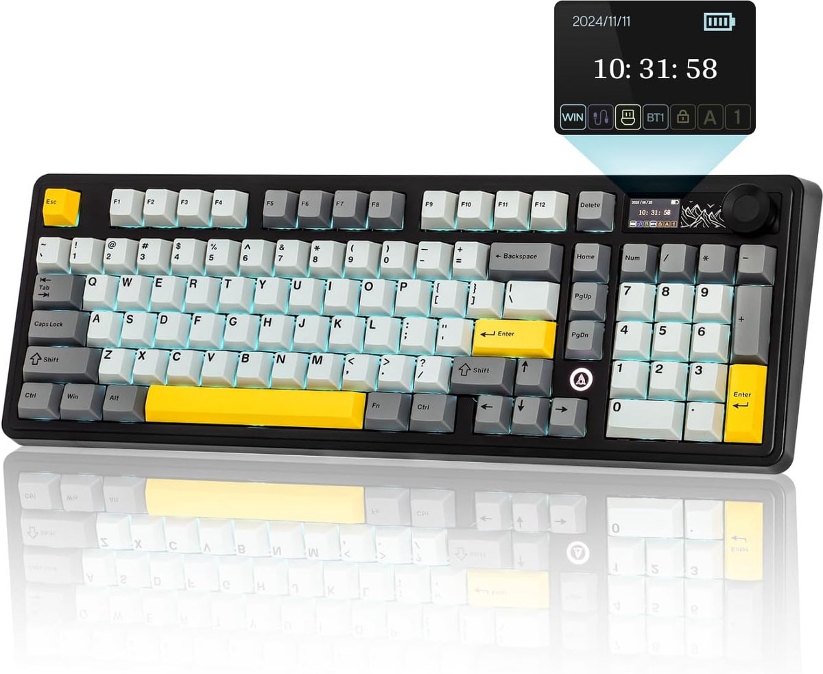 SnelShoppen - Mechanisch Gaming Toetsenbord 98% met RGB, Draadloos BT5.0/USB-C/2.4GHz, Hot Swappable, TFT Scherm, 97 Toetsen, QWERTY - Zwart