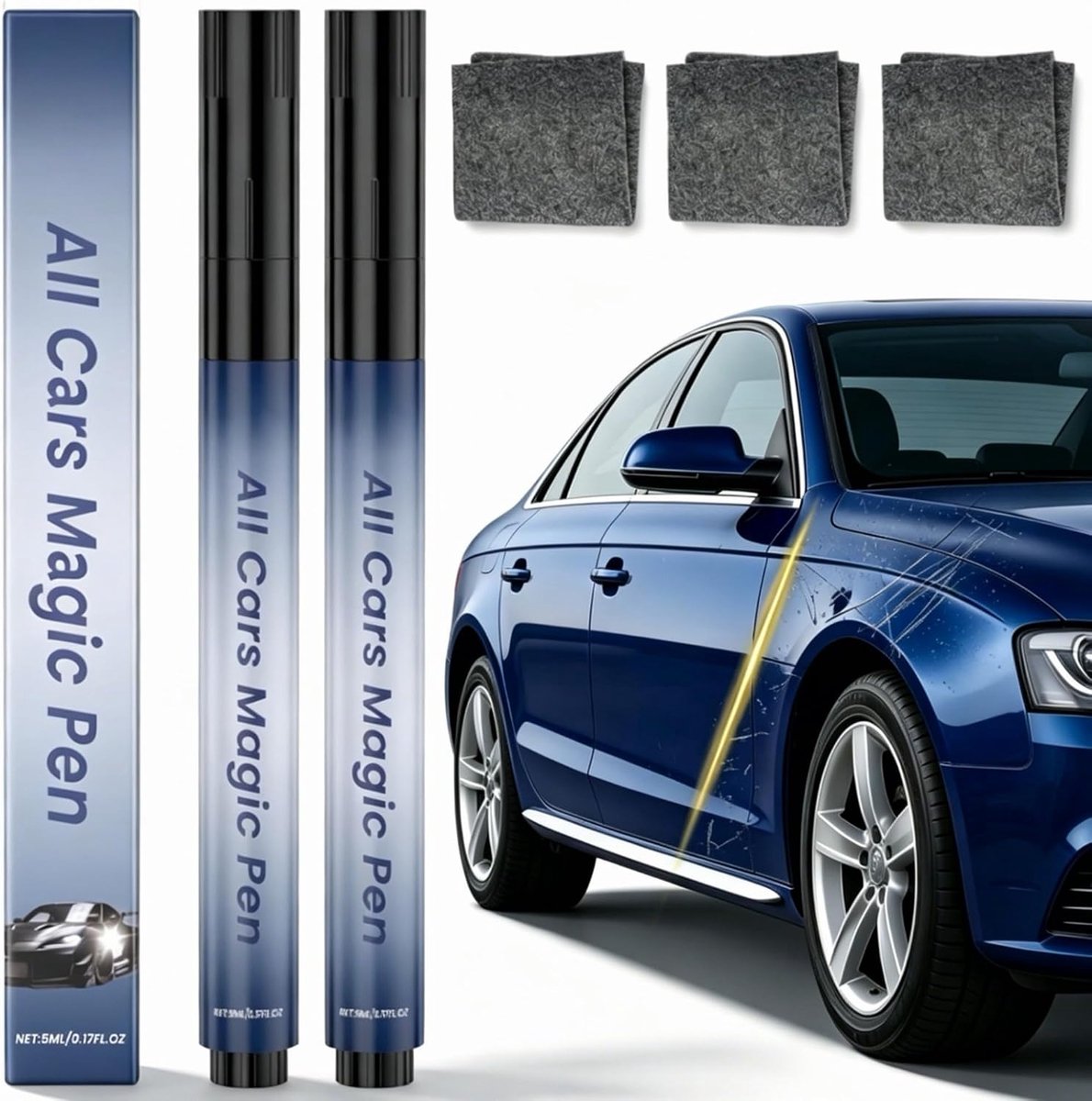 SnelShoppen - 2 Zwart Glanzend Autolakstift + 3 Nano Krasverwijderdoeken, Magische Auto Reparatiepen, Universeel Kras Verwijderen Set voor Alle Auto's