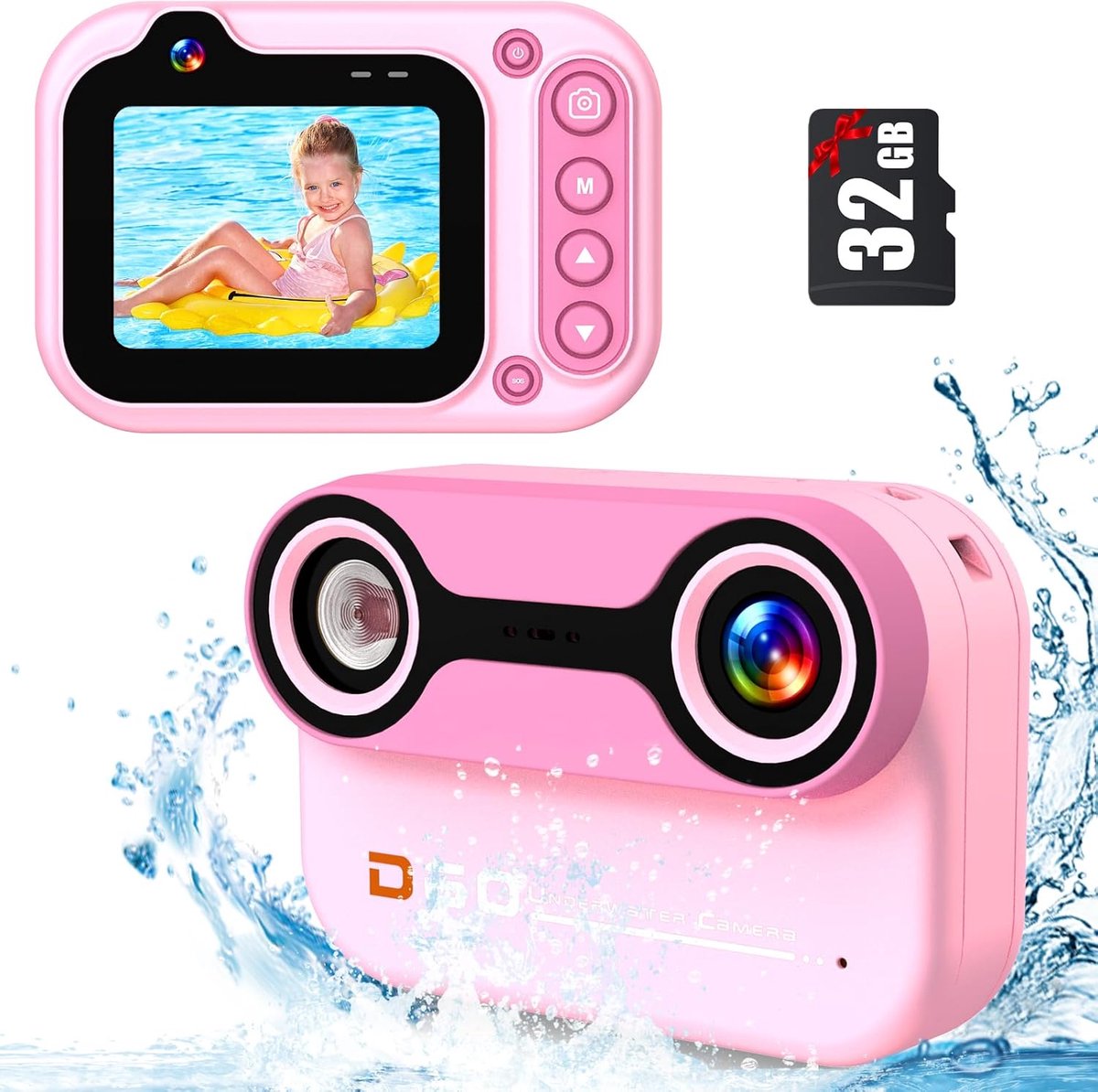SnelShoppen - Waterdichte Kids Camera 12MP Selfie, 3M Onderwater Camera voor Kinderen, 2 Inch LCD 1080p HD met 32GB SD Kaart, Perfect voor Vakantie en