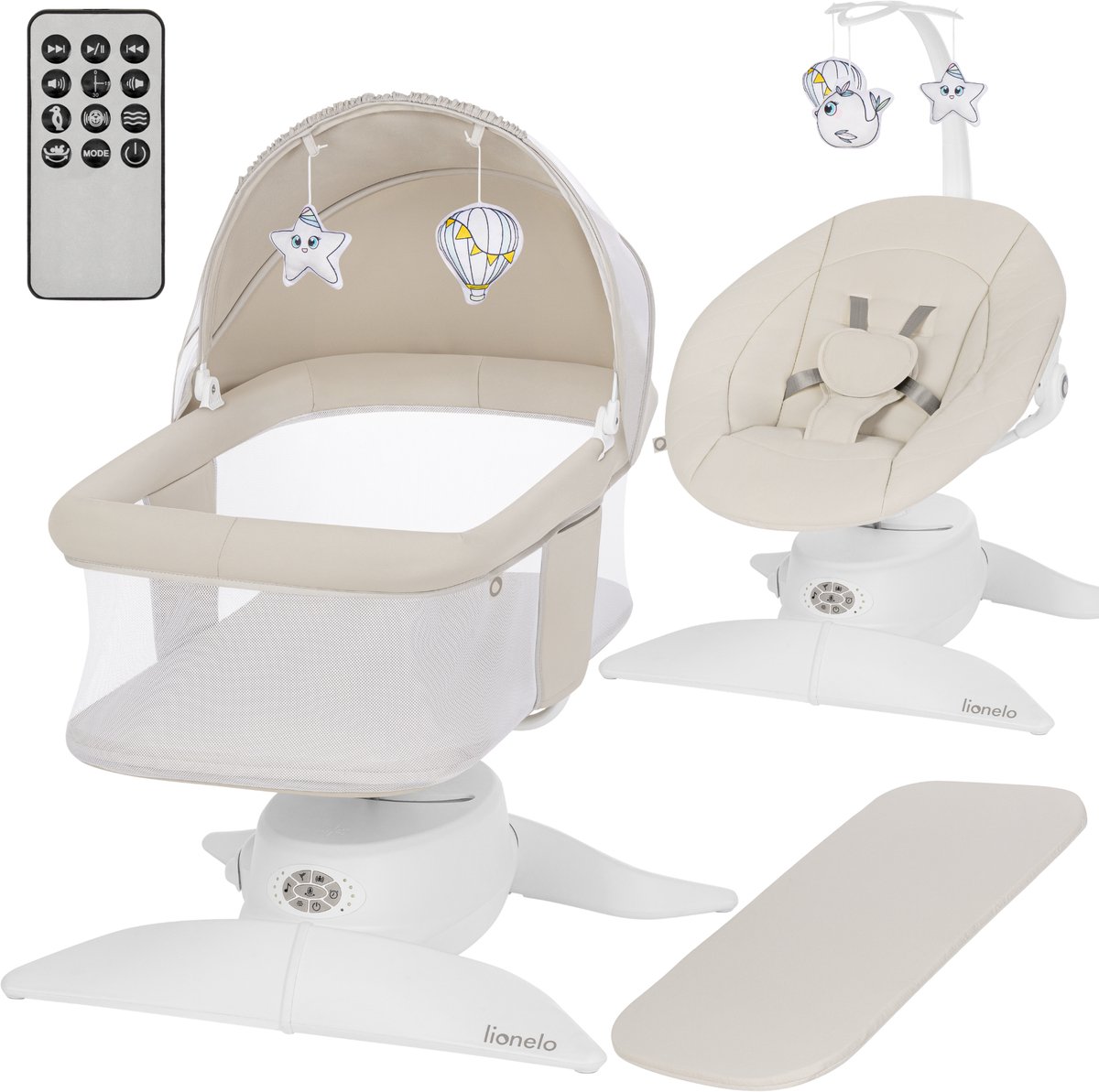 Lionelo Vivi Set Elektrische Babywipstoel 2in1 – Babyschommel & Wipstoel vanaf Geboorte tot 9 kg – - 360° Draaibare Zitting - Bewegingssensor - Bluetooth - Afstandsbediening - 5 Schommelsnelheden - T25 Matras