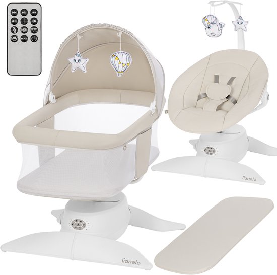 Babywipstoel in het beige met matras, muziekmobiel met ster en heteluchtballon, en afstandsbediening.
