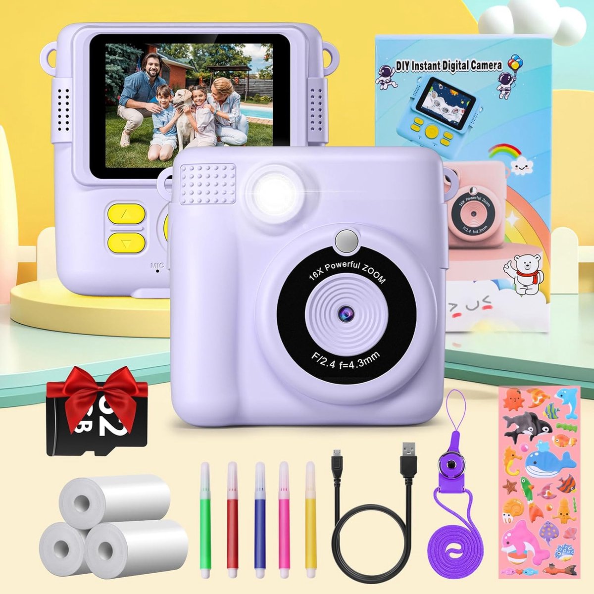 Thermische Printer Camera Voor Kinderen 32 GB - 2,4 Inch IPS-Scherm 1000 mAh-Batterij Muziek Spelletjes Continu-Opnamen Nachtflitser Paars