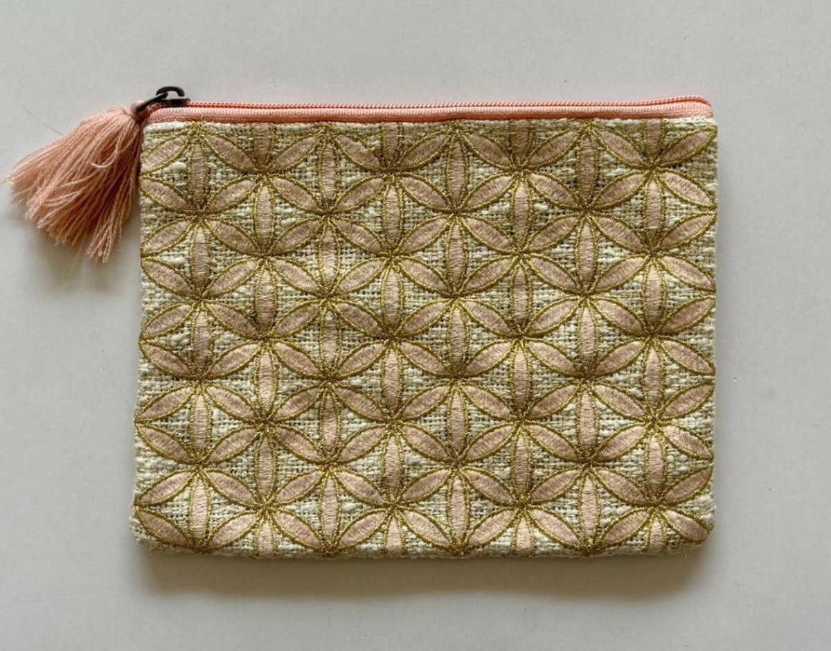 Etui katoen Bloemen roze/goudkleur 20,5x16cm