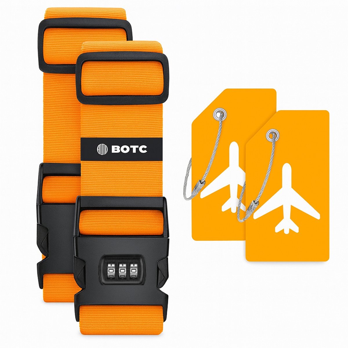BOTC Kofferriem met Cijfer Slot - 4 stuks - 2 Kofferriem met cijferslot + 2 bagagelabels - 200cm*5cm - Bagage Riem - Bagageband - Verstelbaar - Oranje