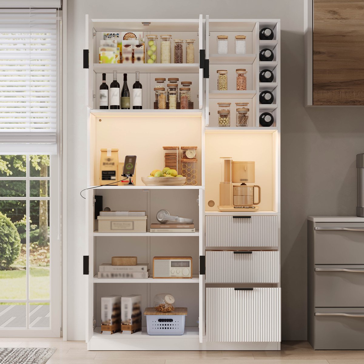 Keukenkast 105x40x180 cm - moderne hoge opberg- en wijnkast - verstelbare planken - 3 laden - met LED-verlichting en stopcontact - wit