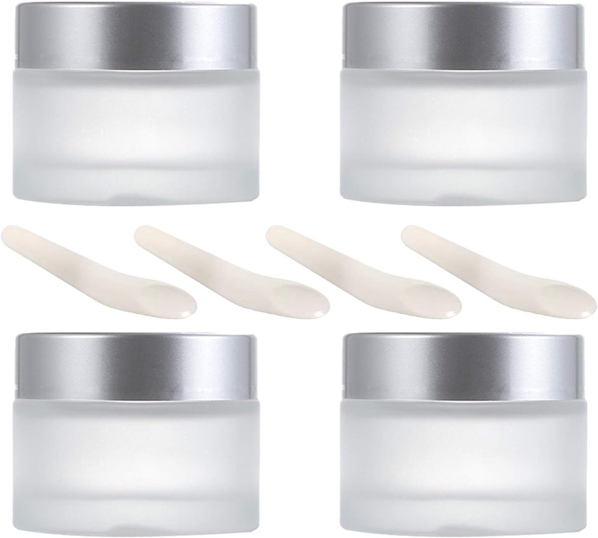 SnelShoppen - Frosted Glass Cream Jar 100 ml - 4 Stuks Lege Potjes met Zilveren Deksel - Perfect voor Cosmetica, Crèmes, Essentiële Oliën en Reizen