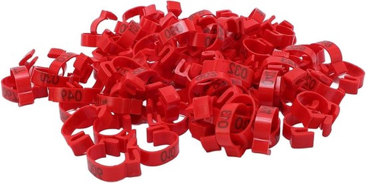 Plastic Kippenidentificatie Beenbanden 100 stuks 20 mm Genummerde Banden Rood - Voor Eenden, Kuikens, Ganzen, Gamefowl.