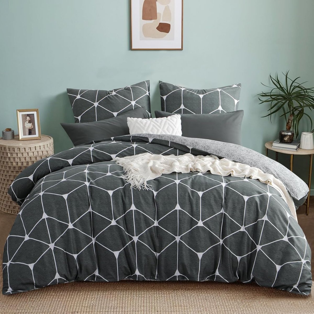 SnelShoppen - Luxe Beddegoed Set 200 x 200 cm - Katoenen Duvet Cover met Geometrisch Patroon - Ademend en Vochtabsorberend - Antraciet Kleur - Perfect