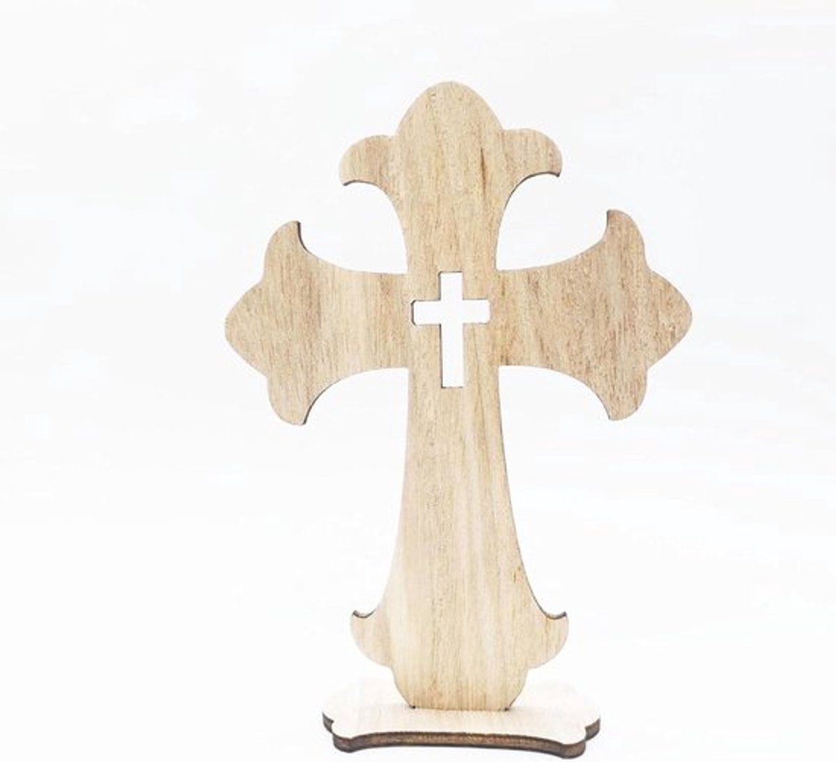 Houten Kruis op Voet voor Tafel- en Kamerdecoratie - Ambachtelijke Houten Decoratie - Natuurlijke Houtkleur