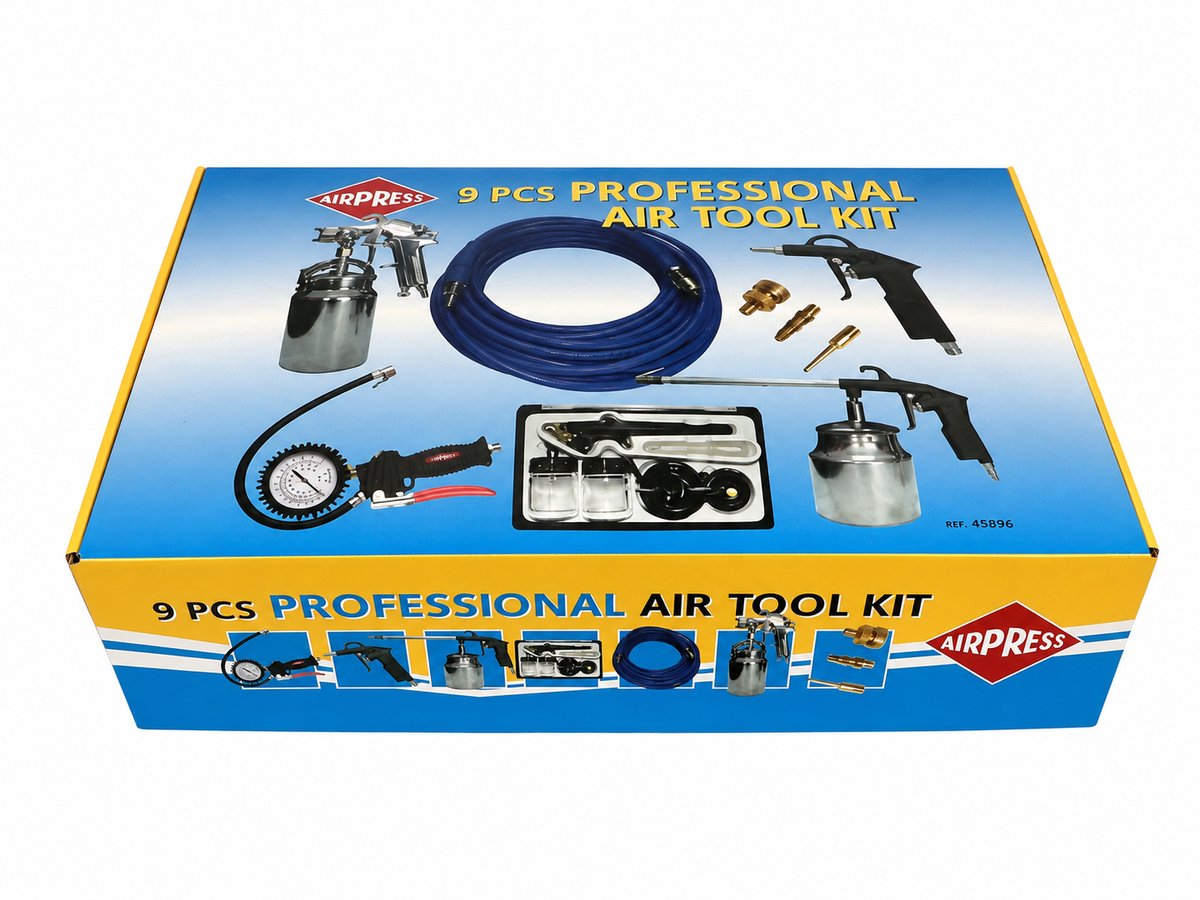 Airpress Perslucht Accessoireset 9-delig – Luchtslang, Bandenvulmeter, Blaaspistool en Spuitpistolen – Ref. 45896