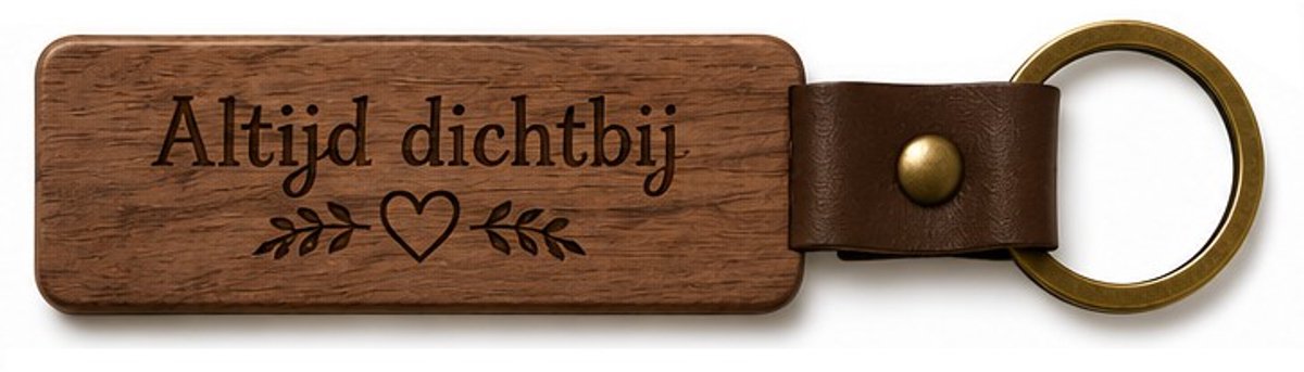 Houten Sleutelhanger "Altijd dichtbij" - Met Gravure - Hout & PU Leer - 10 cm - Vriendschap Cadeau / Liefde / Troost / Afscheid