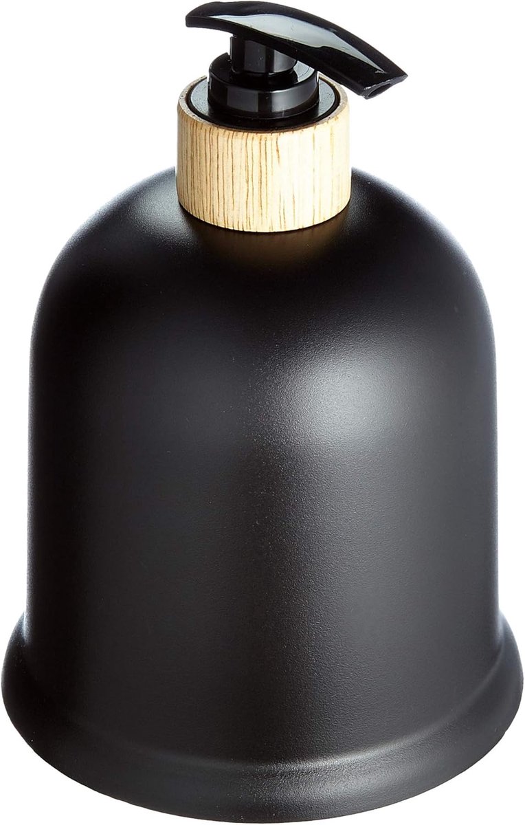 SnelShoppen - Soap Dispenser - Zwarte Dispenser voor Zeep - 10x10x16 cm - Plastic en Hout - Perfect voor Keuken en Badkamer