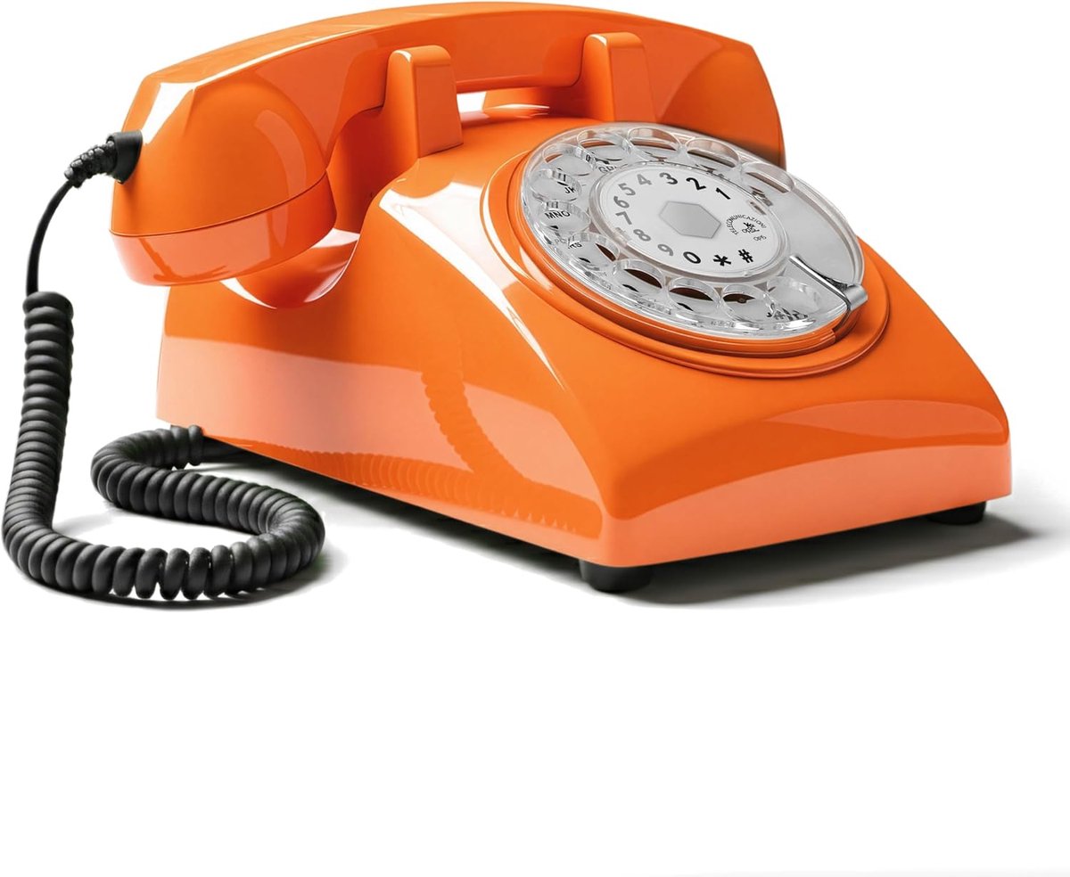 SnelShoppen - OPIS 60s Retro Telefoon - Vintage Desk Phone met Verwisselbare Logo's - Oranje - Klassieke Draaischijf Telefoon met Echte Bel - Modern &