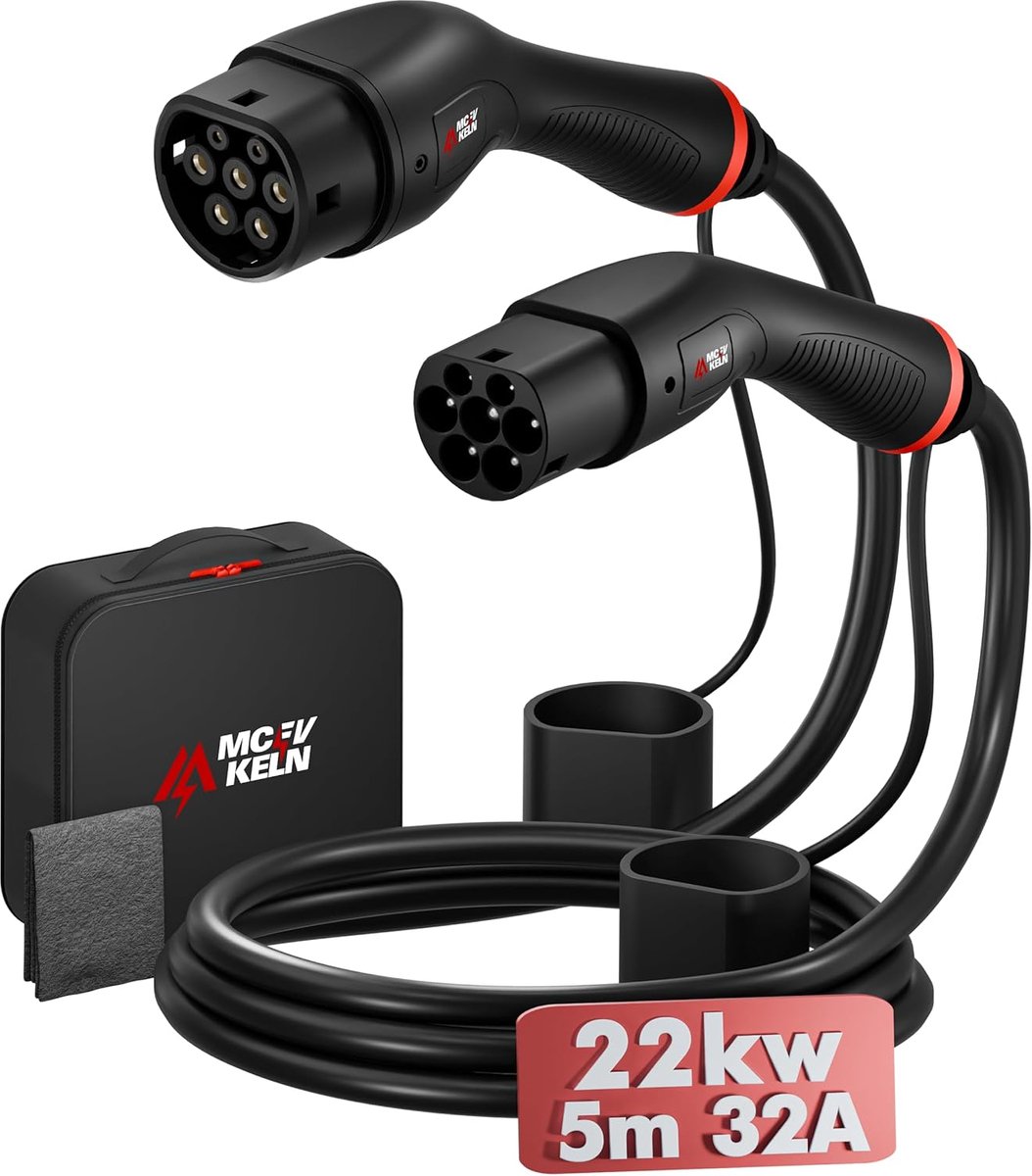 SnelShoppen - Type 2 Oplaadkabel voor Auto, Elektrische en Hybride Voertuigen, 22 KW, 32 A, 5 m, Type 2 naar Type 2, EV Laadkabel, Snelladen voor E-20