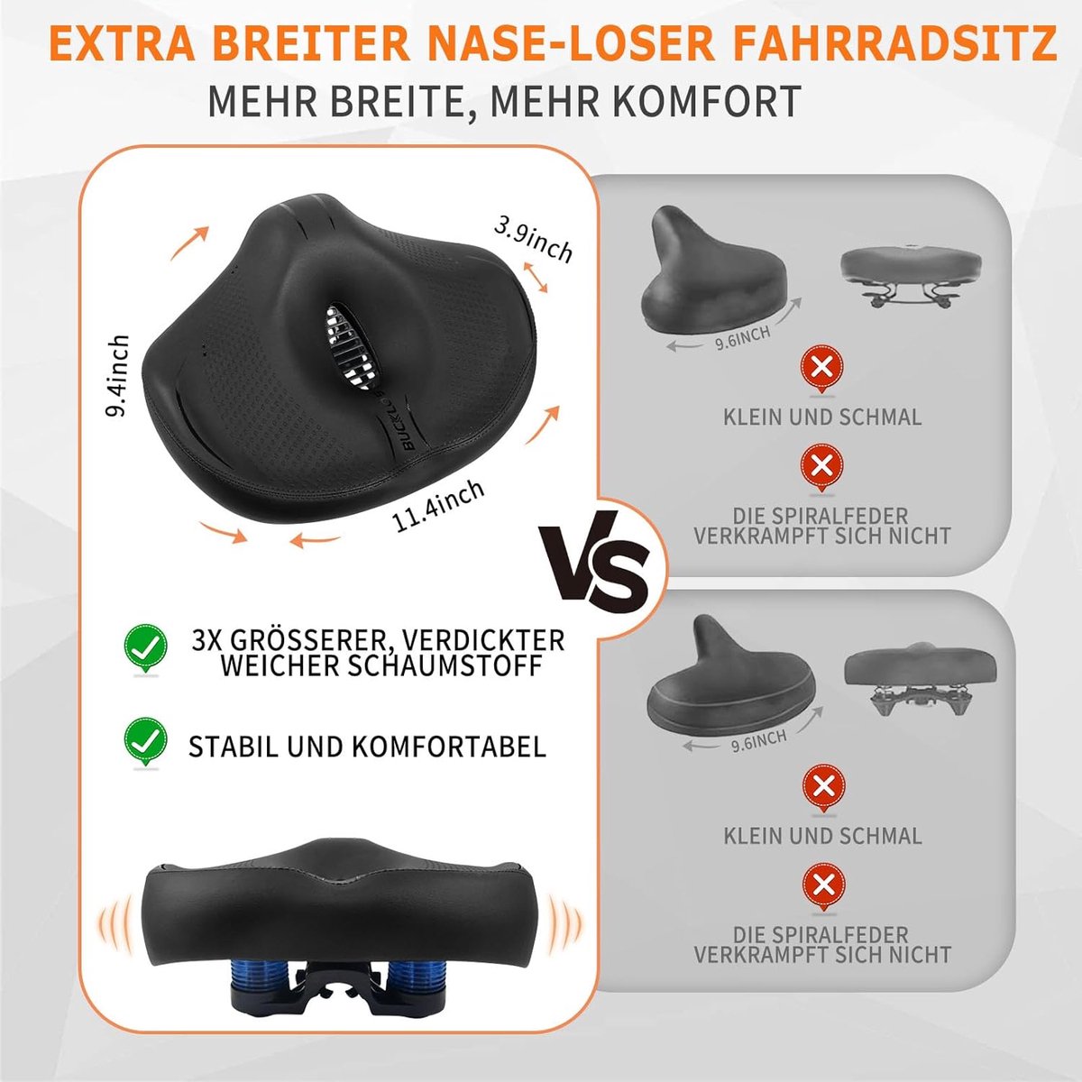 SnelShoppen - Extra Grote Fiets Zadel voor Mannen en Vrouwen, Comfortabel en Breed met Zachte Schuimvulling, Ergonomisch Noseless Fiets Zadel voor Mou