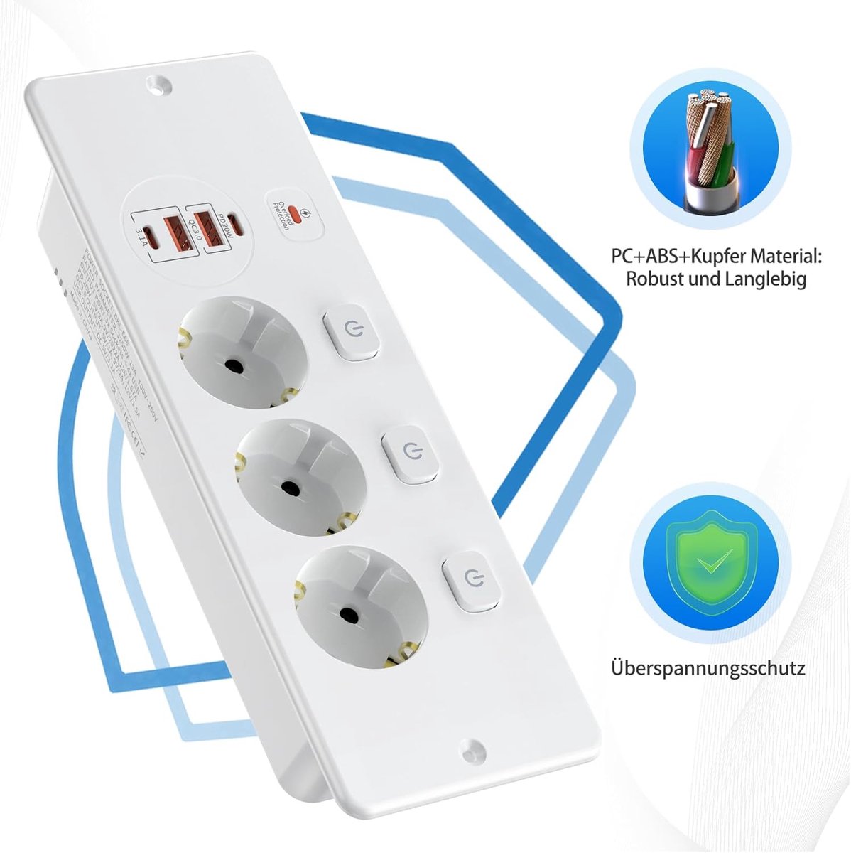 SnelShoppen - Flush-mounted socket met 2 x USB-A + 2 x USB-C, 7-in-1 tafelstopcontact met schakelaar, ingebouwde stekkerdoos met 2M kabel, voor werkbl