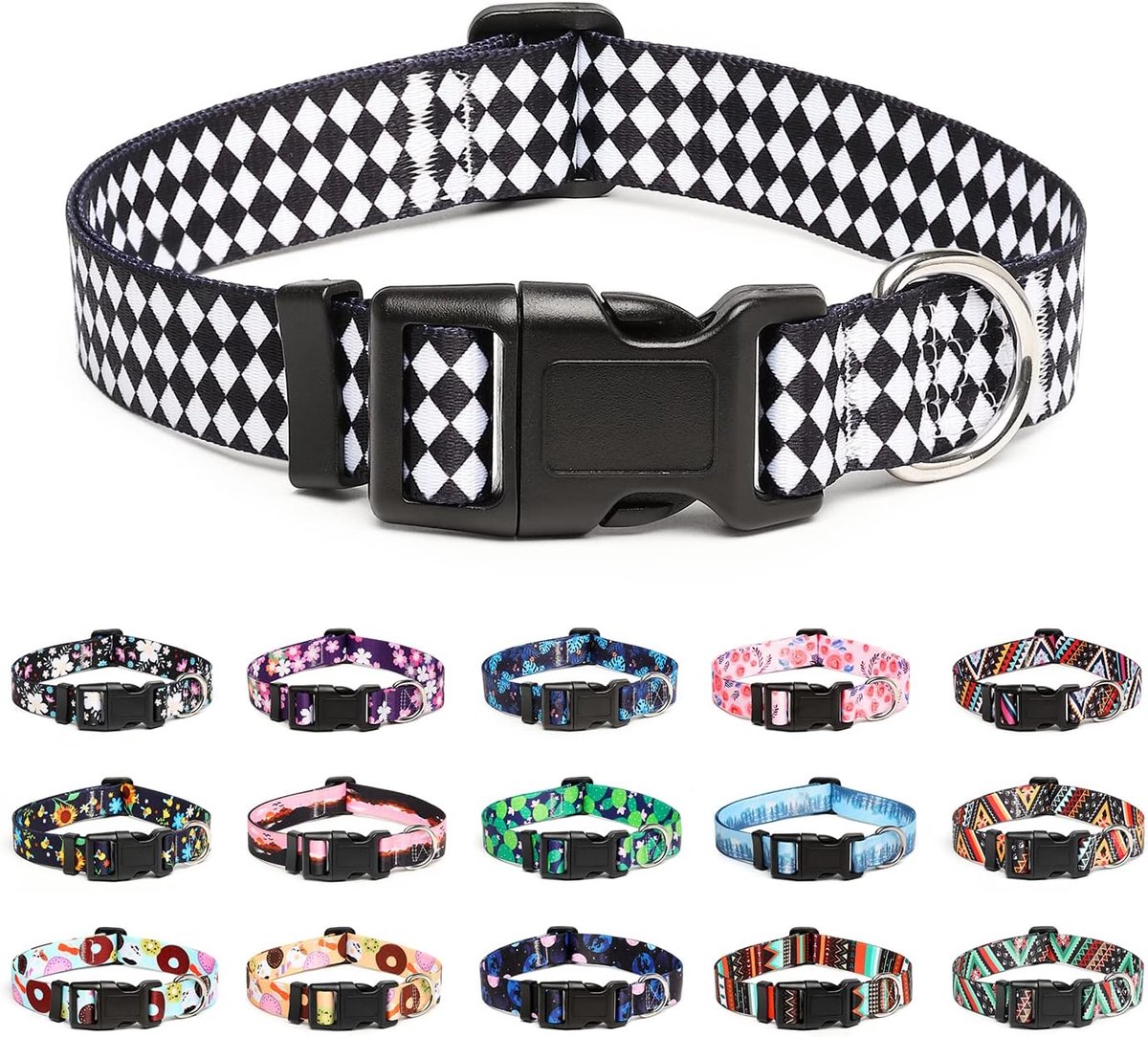 SnelShoppen - Verstelbare Hondenhalsband - Comfortabele Nylon Halsband met Unieke Patronen voor Kleine en Grote Honden (S, Checker)