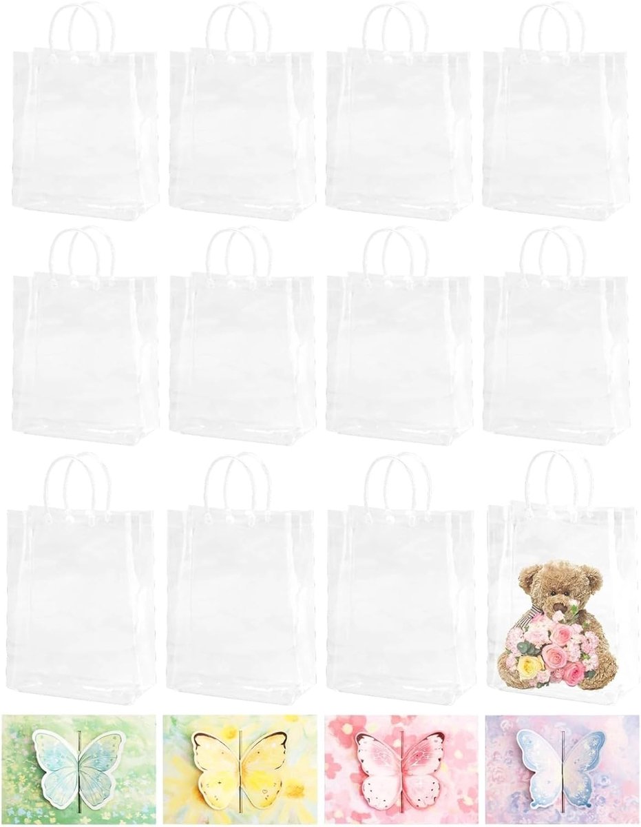 SnelShoppen - 12 Stuks Transparante PVC Cadeautassen met Handvat en 4 Vlinderkaarten - Herbruikbare Gift Bags voor Feest, Verjaardag, Trouwerij